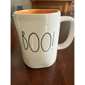 Rae Dunn Halloween Boo! Ceramic Coffee Mug Orange Interior Black Font. CUTE!